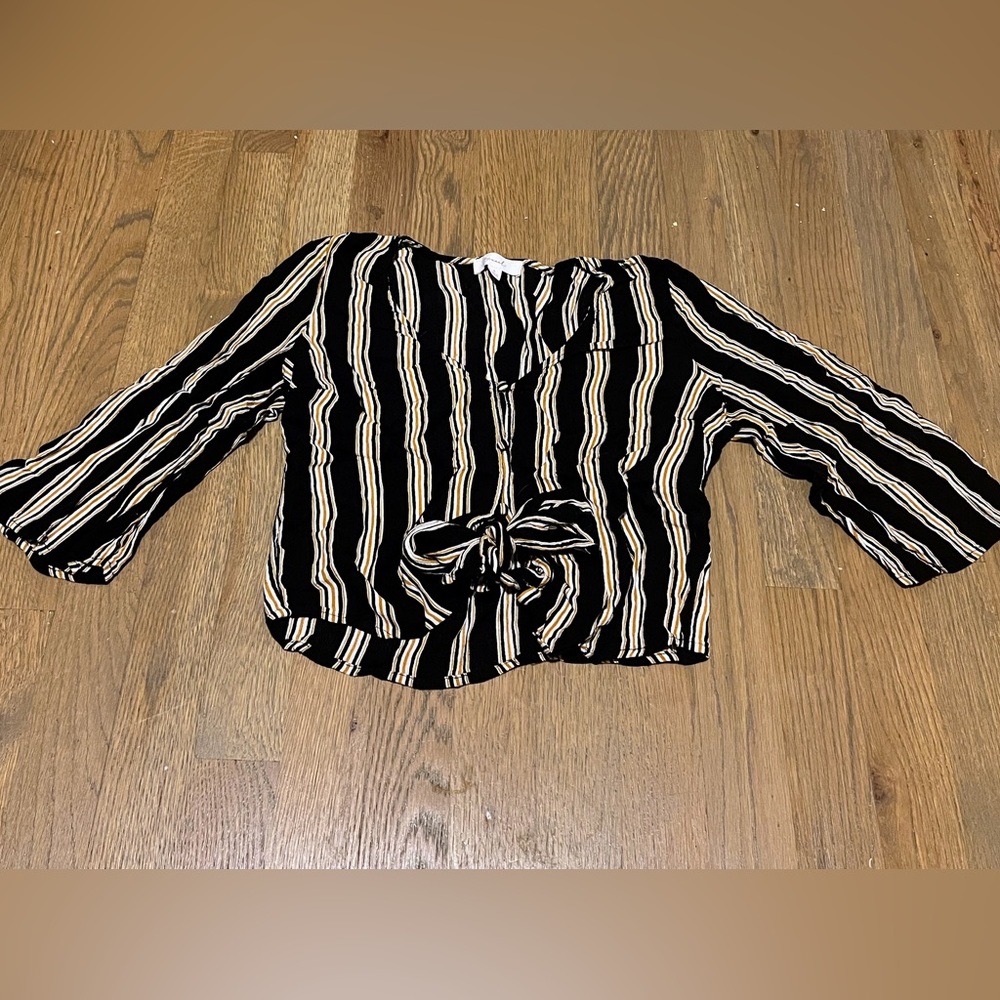 Black striped button down tie front top
